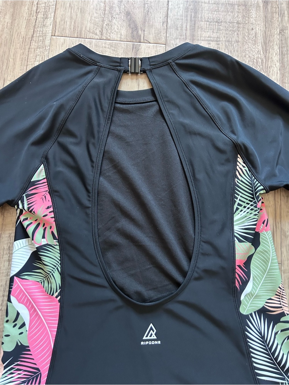 Black Long Sleeve One-Piece Swimsuit with Tropical Side Panels scoop back modest - Picture 8 of 8